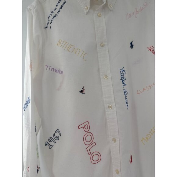 Ralph Lauren Polo‎ Embroidered Shirt Mens XL White Graffiti Collared Cotton - Picture 3 of 13